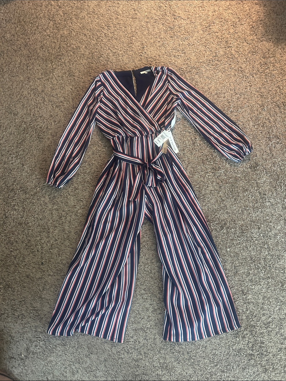 june & hudson Navy, Pink & White Striped Wrap Jumpsuit